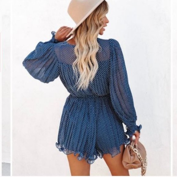 Endless Rose Pleated Polka Dot Short V Neck Balloon Sleeve Romper - Picture 4 of 4